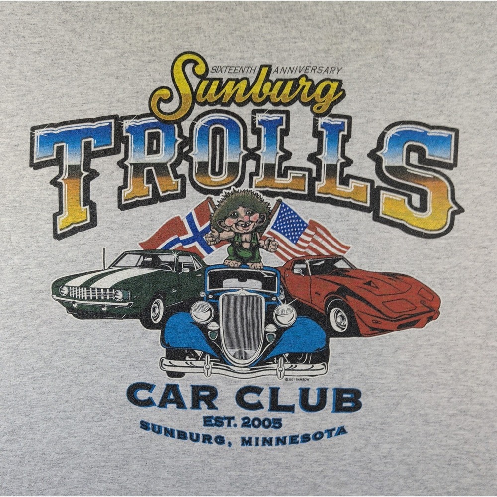 Y2K Car Club Gray Graphic T Shirt Sunburg Trolls 16th Anniversary Minnesota 2005